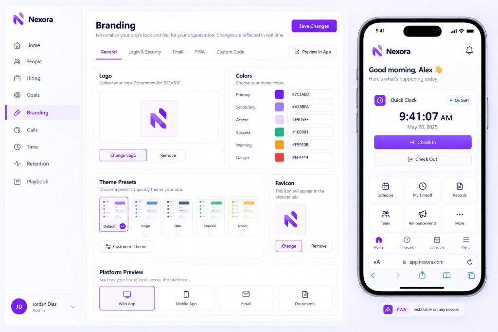 Branding settings and white-label mobile app in NovalentHR