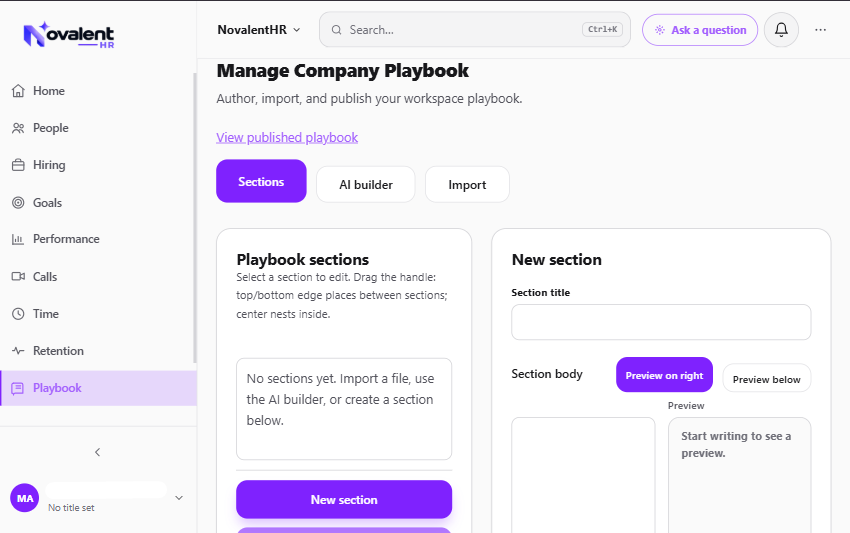 Manage Company Playbook screen in NovalentHR