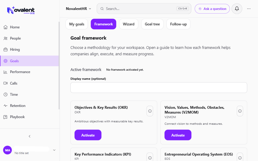 Goals and frameworks screen in NovalentHR