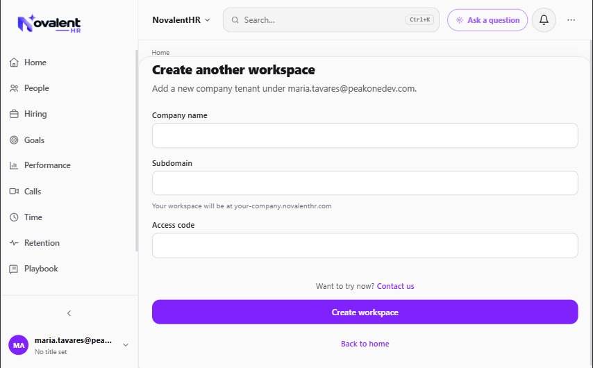 Create workspace screen in NovalentHR